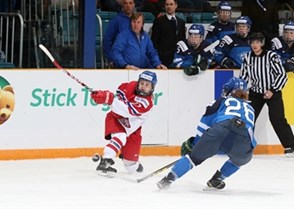 KAMLOOPS, BC - APRIL 1: Anna Zikova #27 of the Czech Republic lets a shot go while Finland's Saana Valkama #26 defends during quarterfinal round action at the 2016 IIHF Ice Hockey Women's World Championship. (Photo by Andre Ringuette/HHOF-IIHF Images)


