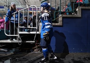 KAMLOOPS, BC - APRIL 4: Finland's Petra Nieminen #11 about to take the ice for bronze medal game action against Russia at the 2016 IIHF Ice Hockey Women's World Championship. (Photo by Andre Ringuette/HHOF-IIHF Images)

